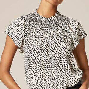 J. Crew Smocked High-Neck Top in Black & Cream Spot Print Small NWT !